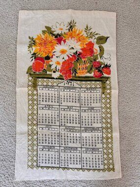 Vintage 1971 floral linen calendar tea towel